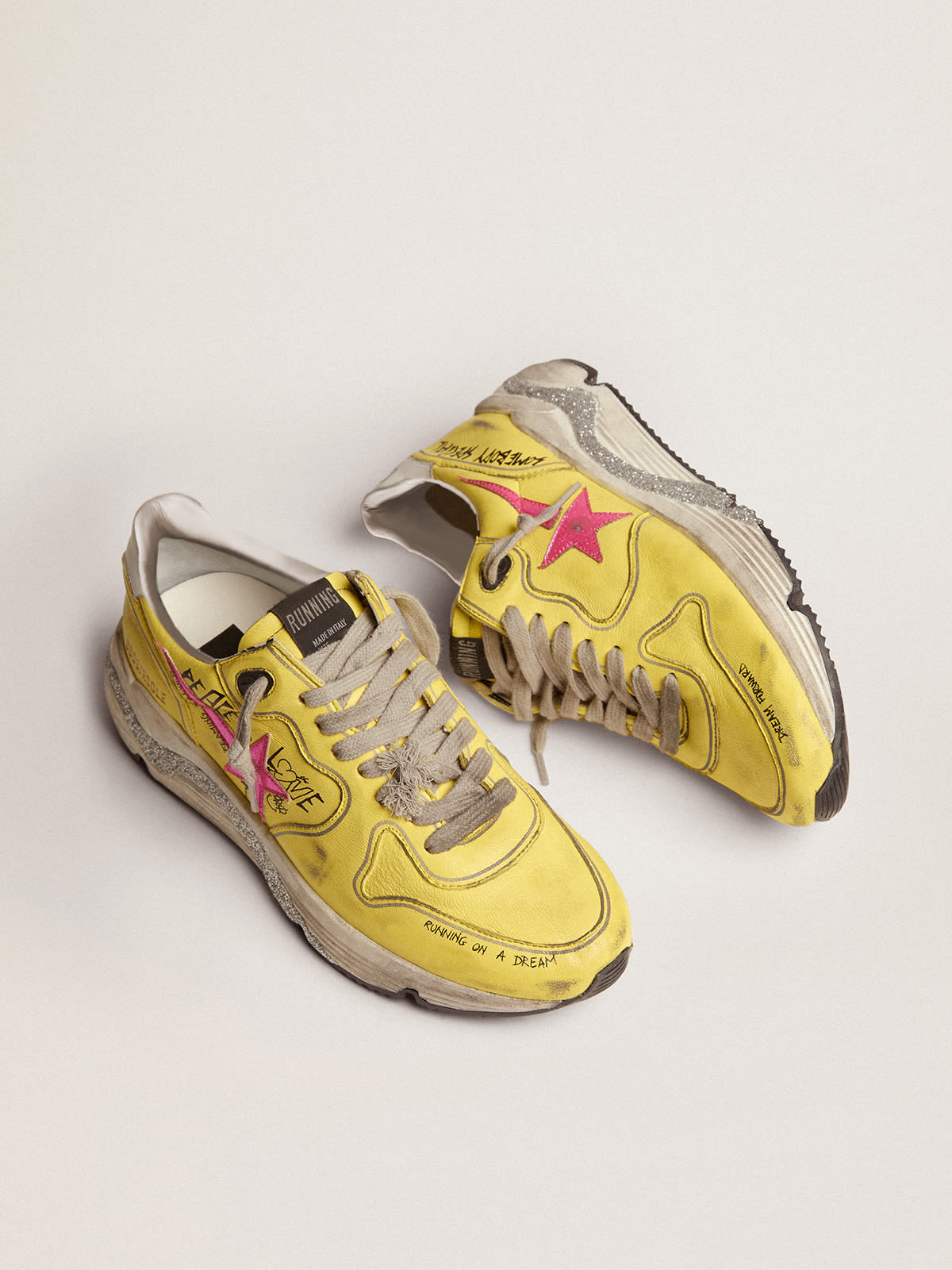 Women s Running Sole in yellow nappa with pink glitter star