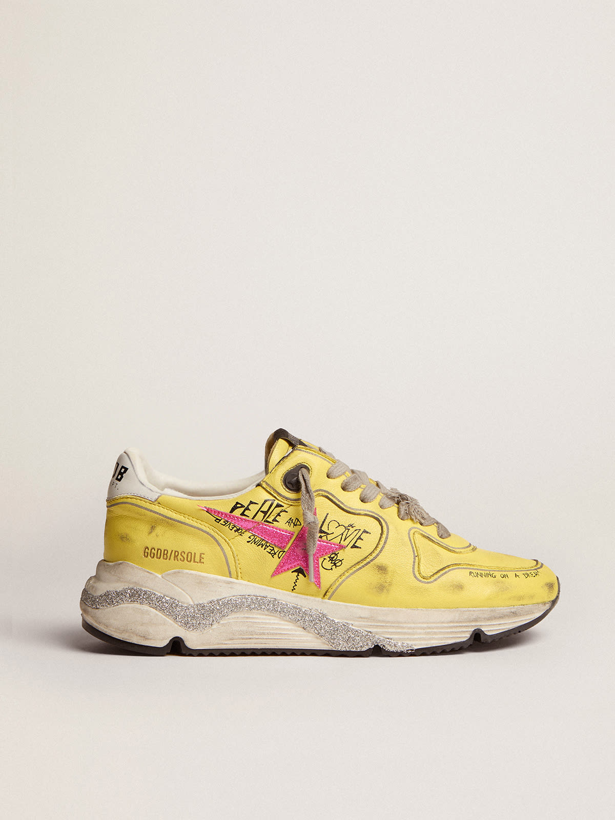 Women s Running Sole in yellow nappa with pink glitter star