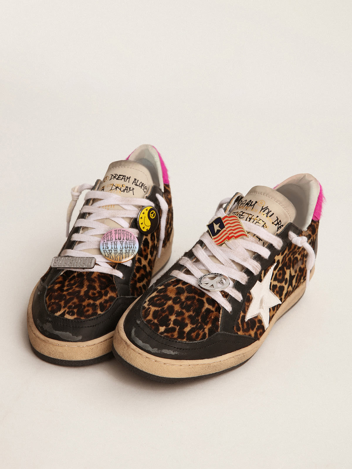 Ball Star sneakers in leopard-print pony skin with a white leather star and  multicolored pins | Golden Goose
