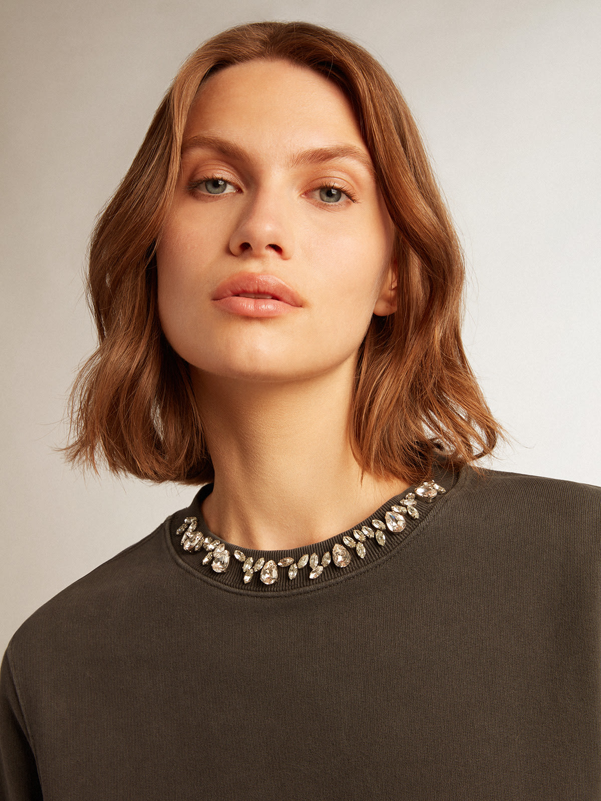Golden Goose Cropped Cotton Sweatshirt with Crystals on the Front