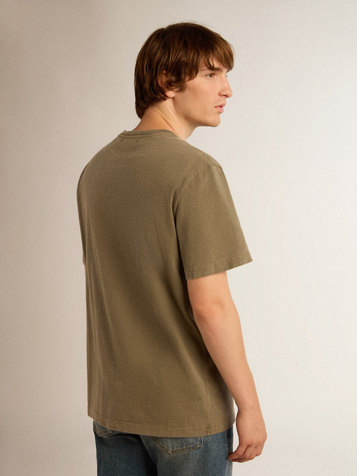 Golden Goose - Olive-green Golden Collection distressed-effect T-shirt with Golden lettering on the front in 