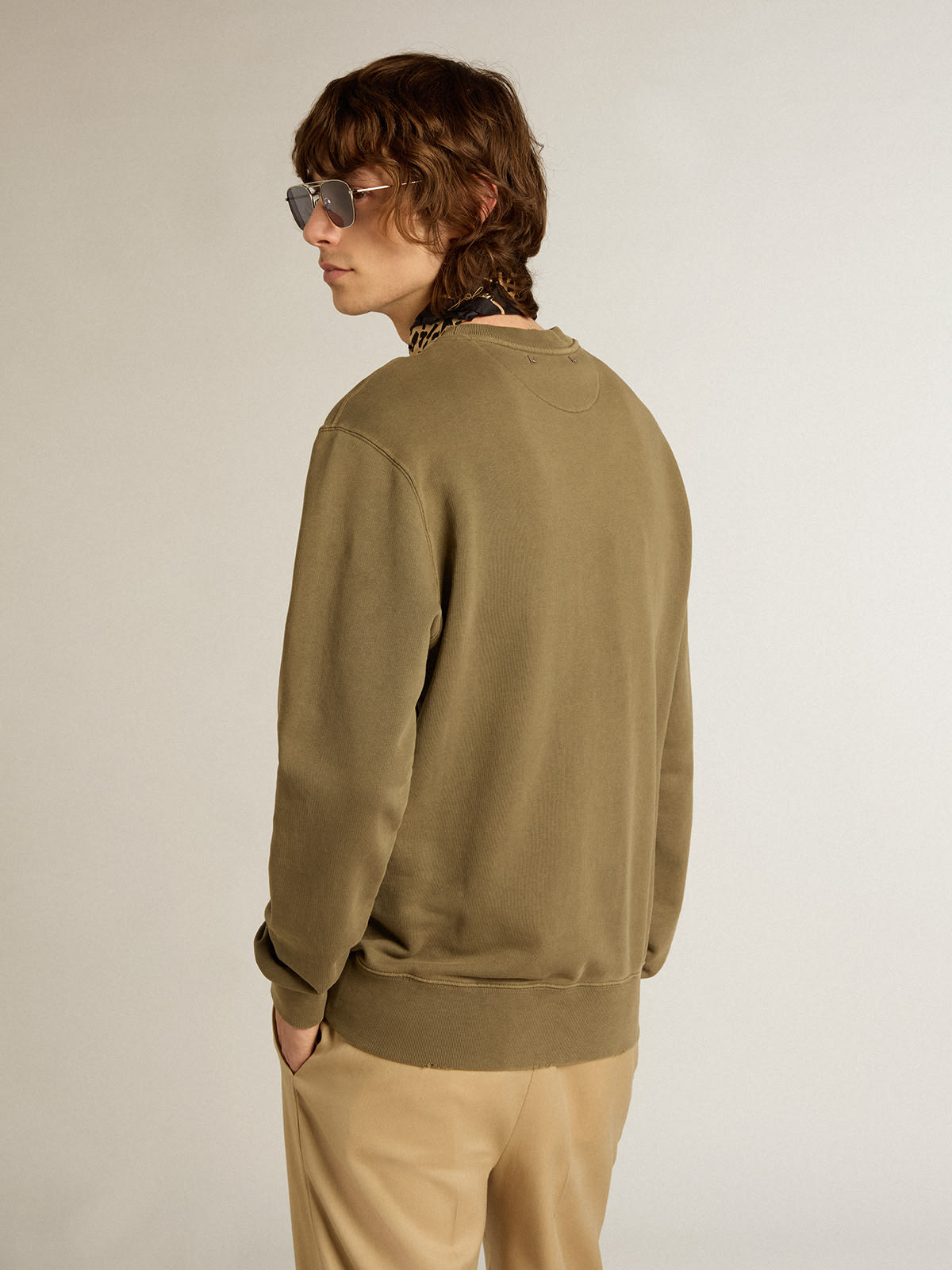 Golden Goose - Olive-green Golden Collection sweatshirt with a distressed treatment and Golden lettering on the front in 
