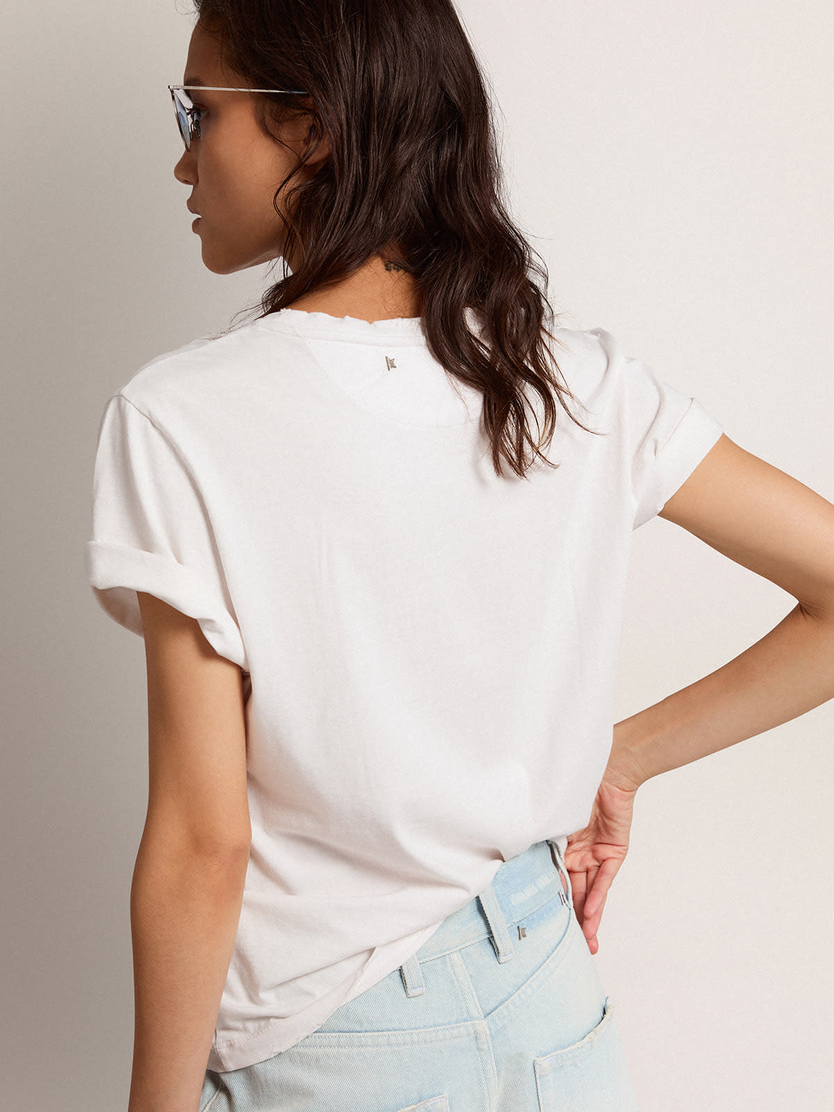 Golden Goose - Women's white T-shirt with distressed treatment in 