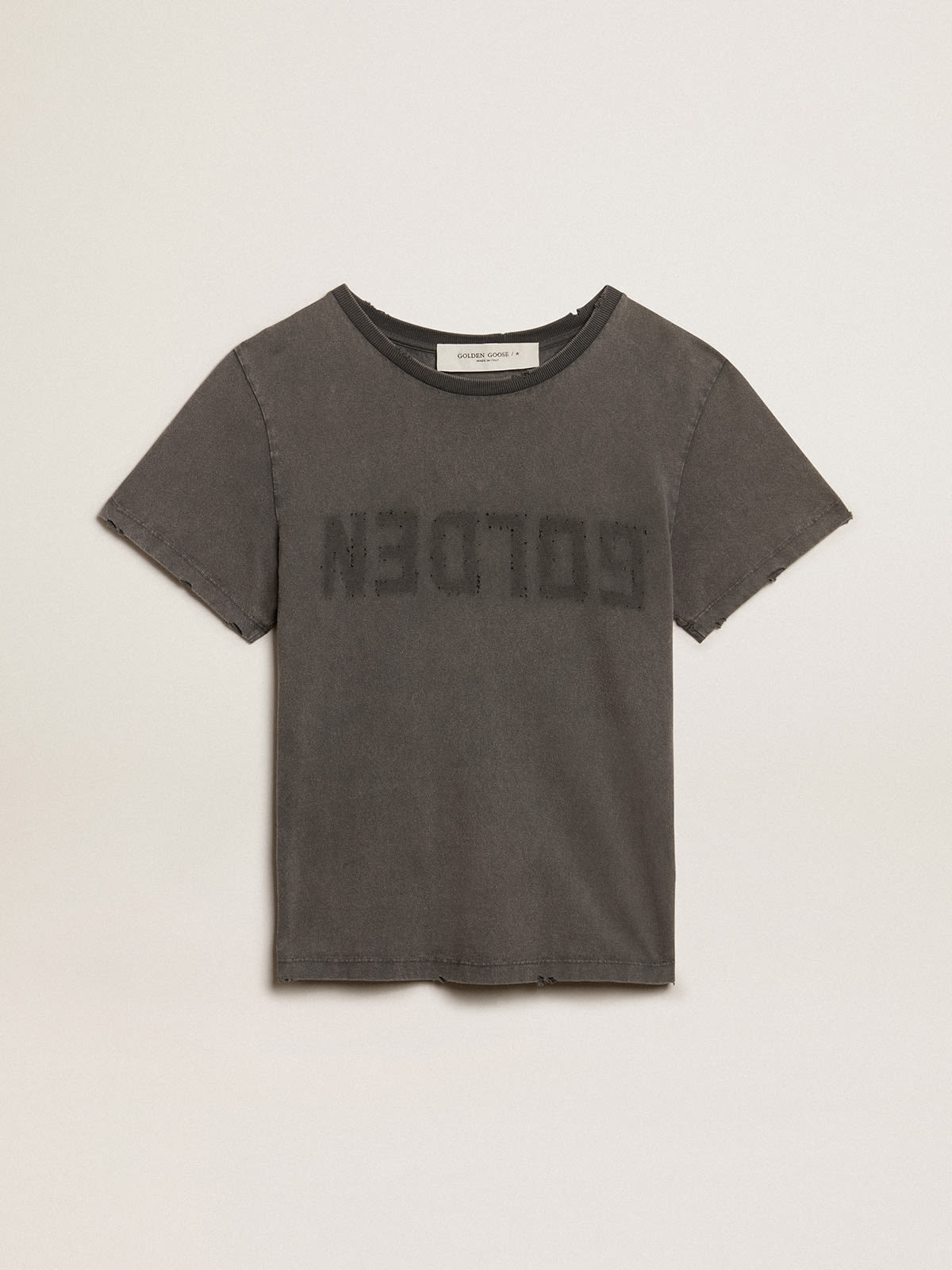 Distressed slim fit T shirt in anthracite gray Golden Goose