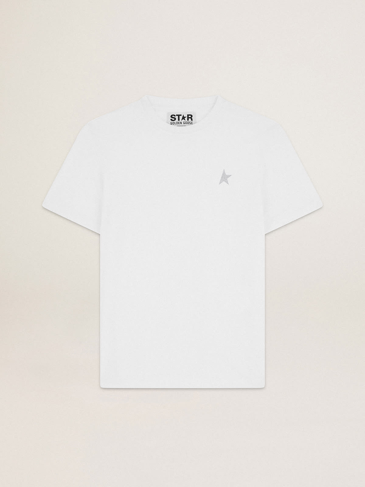 Golden Goose - T-shirt bianca Collezione Star con stella in glitter argento sul davanti in 