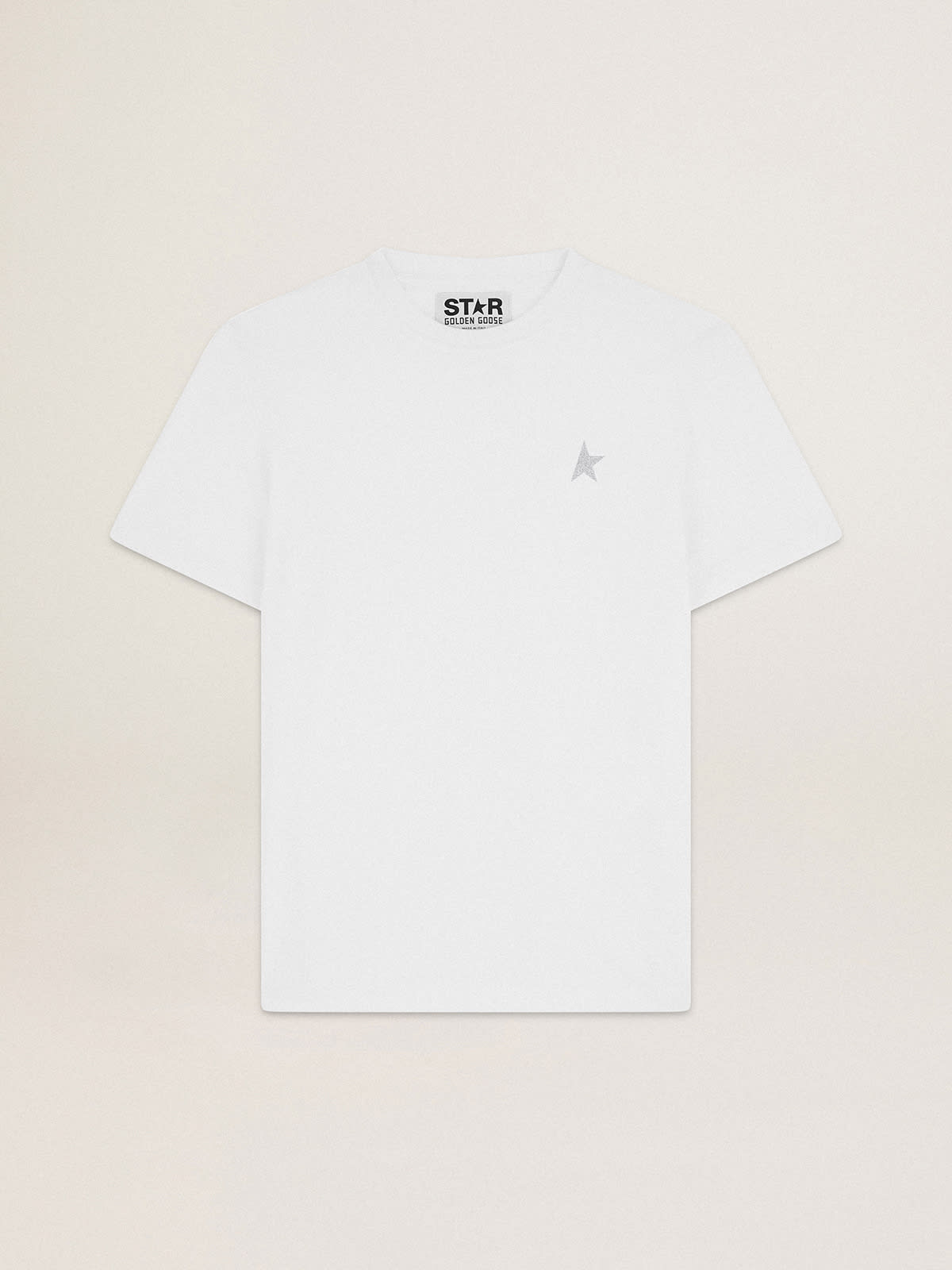 Golden Goose - Camiseta masculina branca com estrela de glitter prateado na frente in 