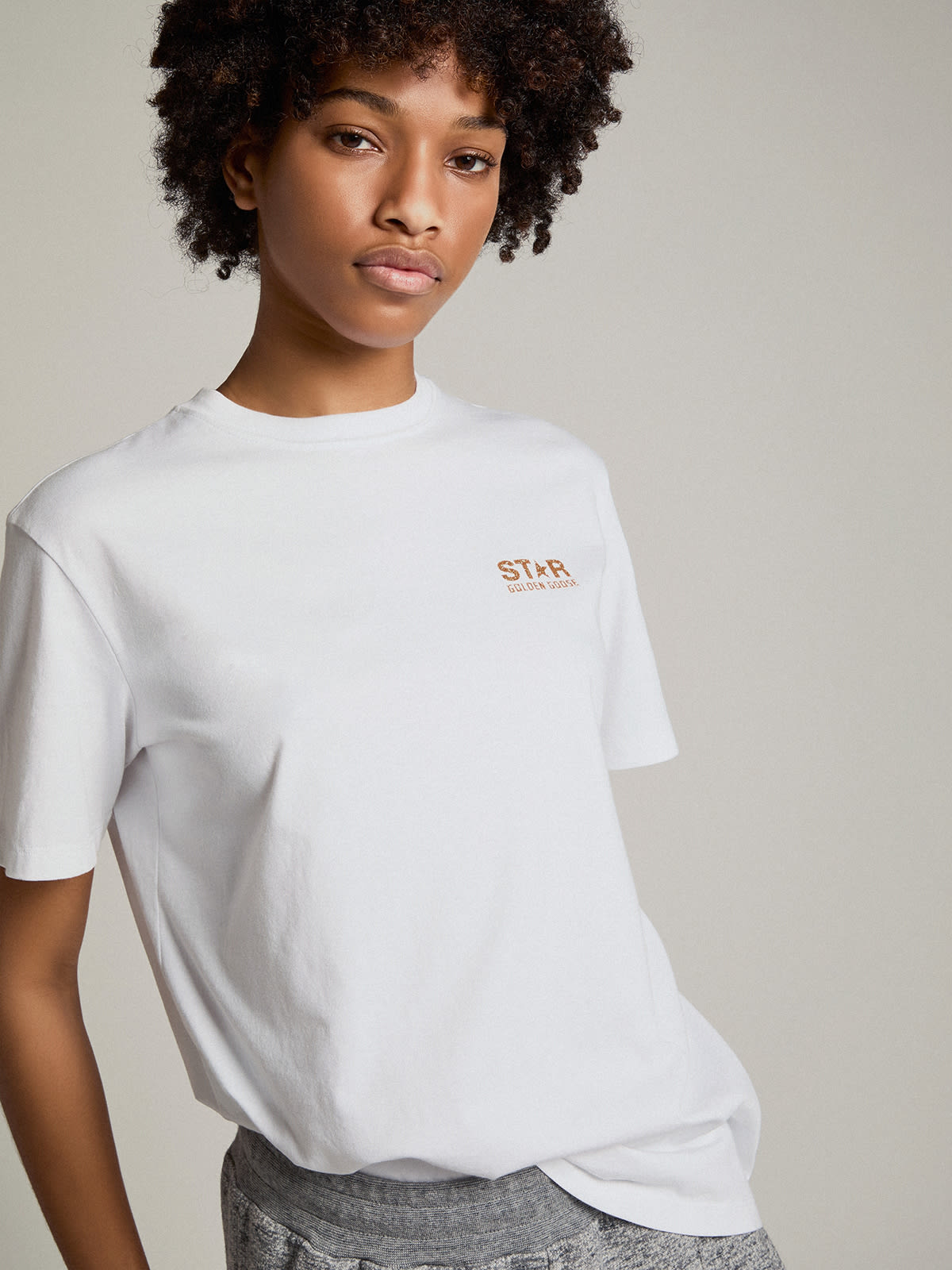 Golden Goose - Women's white T-shirt with gold glitter logo and star in 