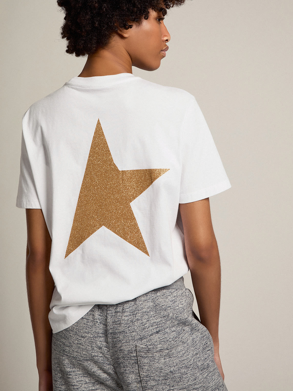 Golden Goose - Women's white T-shirt with gold glitter logo and star in 