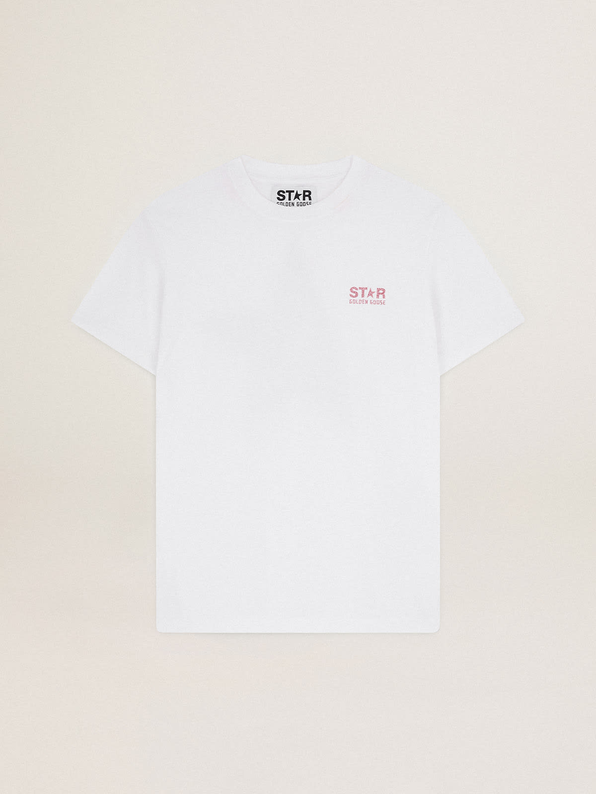 Golden Goose - Camiseta feminina branca com logo e estrela de glitter rosa in 