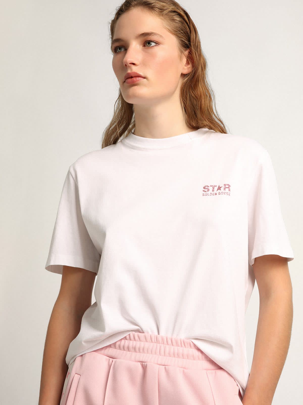 Weißes Damen-T-Shirt mit rosa Glitzer-Logo und Stern | Golden Goose