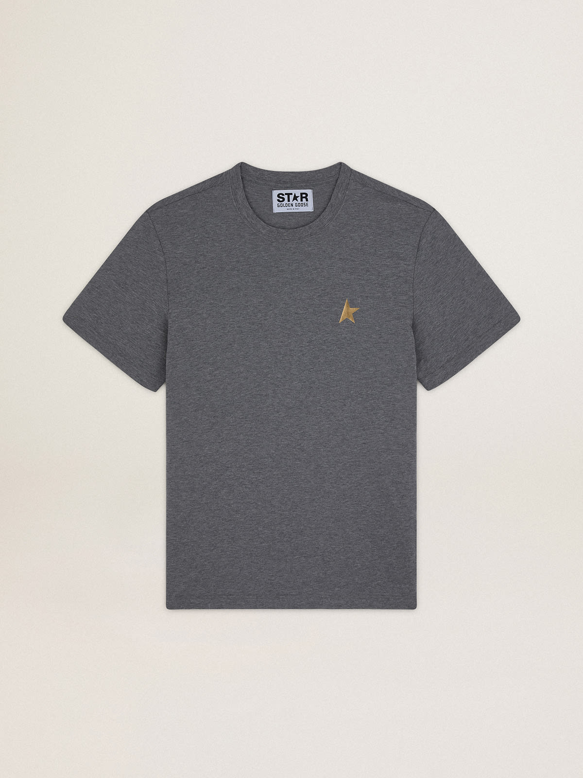 Men's white T-shirt with dark blue star on the front