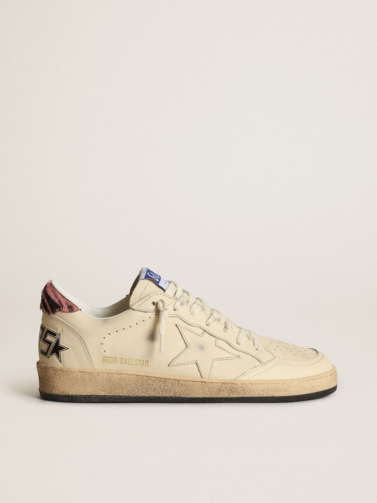 Golden Goose - Ball Star LTD sneakers in ivory leather with pink and black zebra-print pony skin heel tab in 