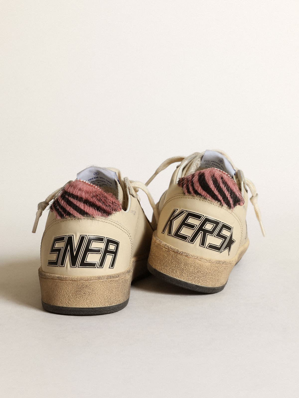 Ball Star LTD sneakers in ivory leather with pink and black zebra-print  pony skin heel tab