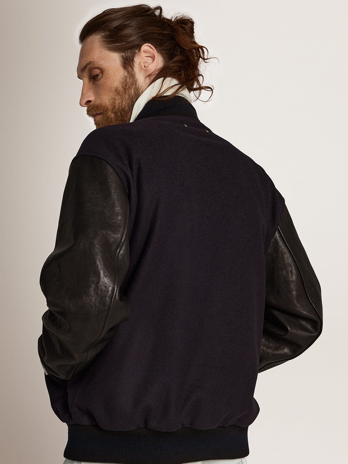 Golden Goose - Men's bomber jacket in dark blue wool with leather sleeves in 