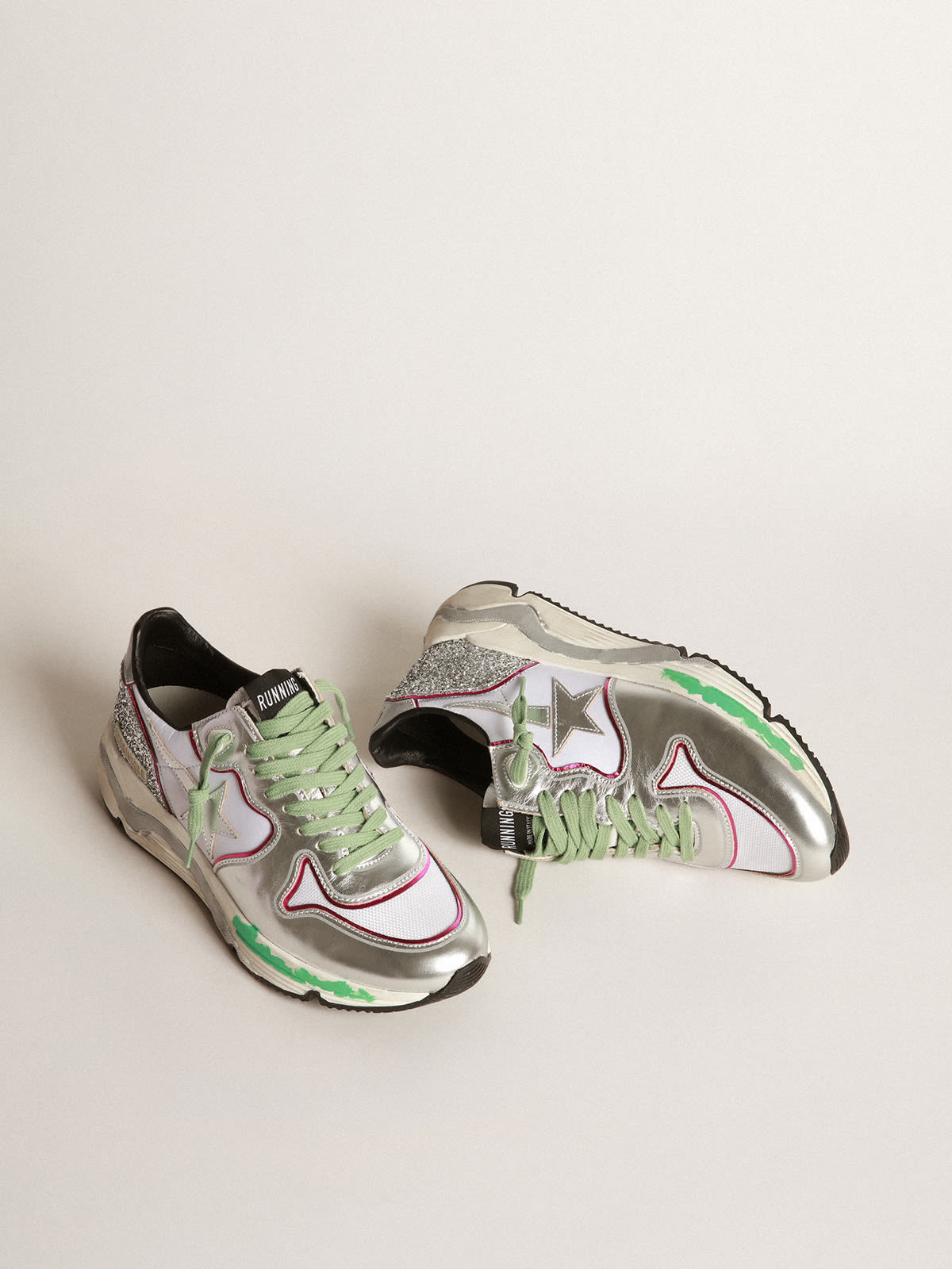 Golden Goose - Silver Running Sole sneakers with glitter and fuchsia edging in 