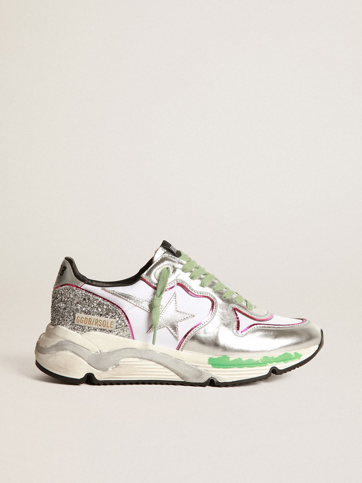 Zapatillas deportivas Running plateadas purpurina perfiles fucsia | Golden Goose