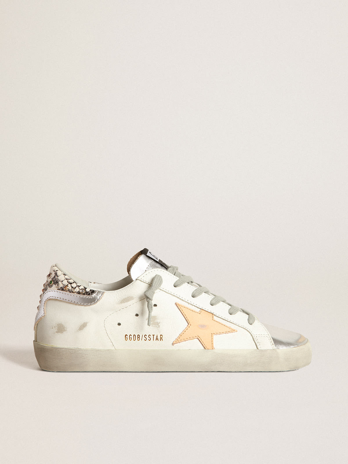 Golden Goose - White Super-Star sneakers with python-print and rhinestone heel tab in 