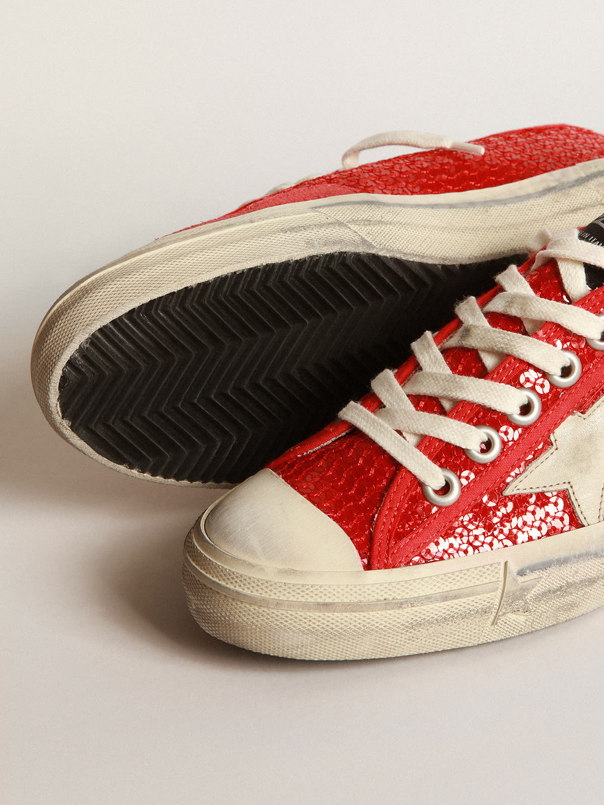 V-Star sneakers in red sequins with cream-colored leather star and