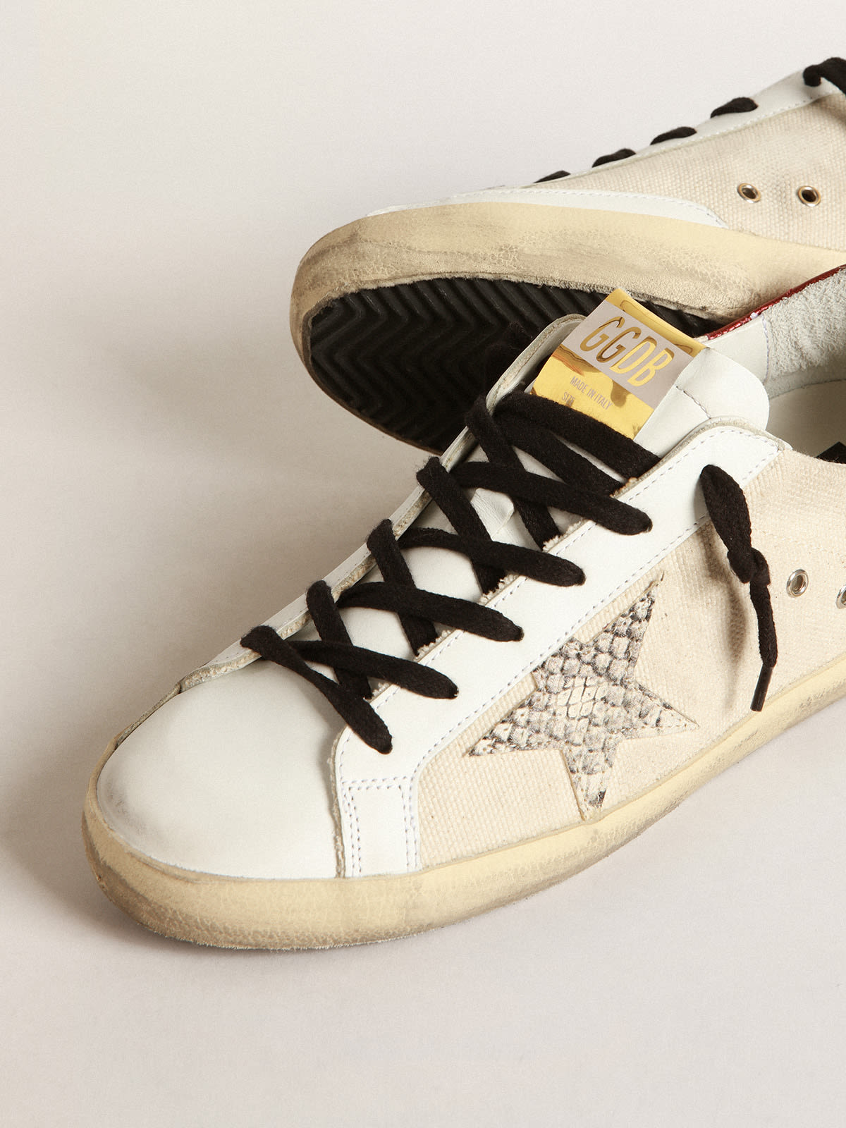 Golden Goose - Super-Star LTD sneakers in natural-white canvas with gray snake-print leather star and burgundy laminated leather heel tab in 