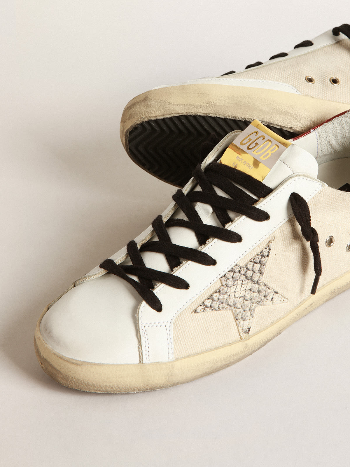 Super-Star LTD sneakers in natural-white canvas with gray snake-print  leather star and burgundy laminated leather heel tab | Golden Goose