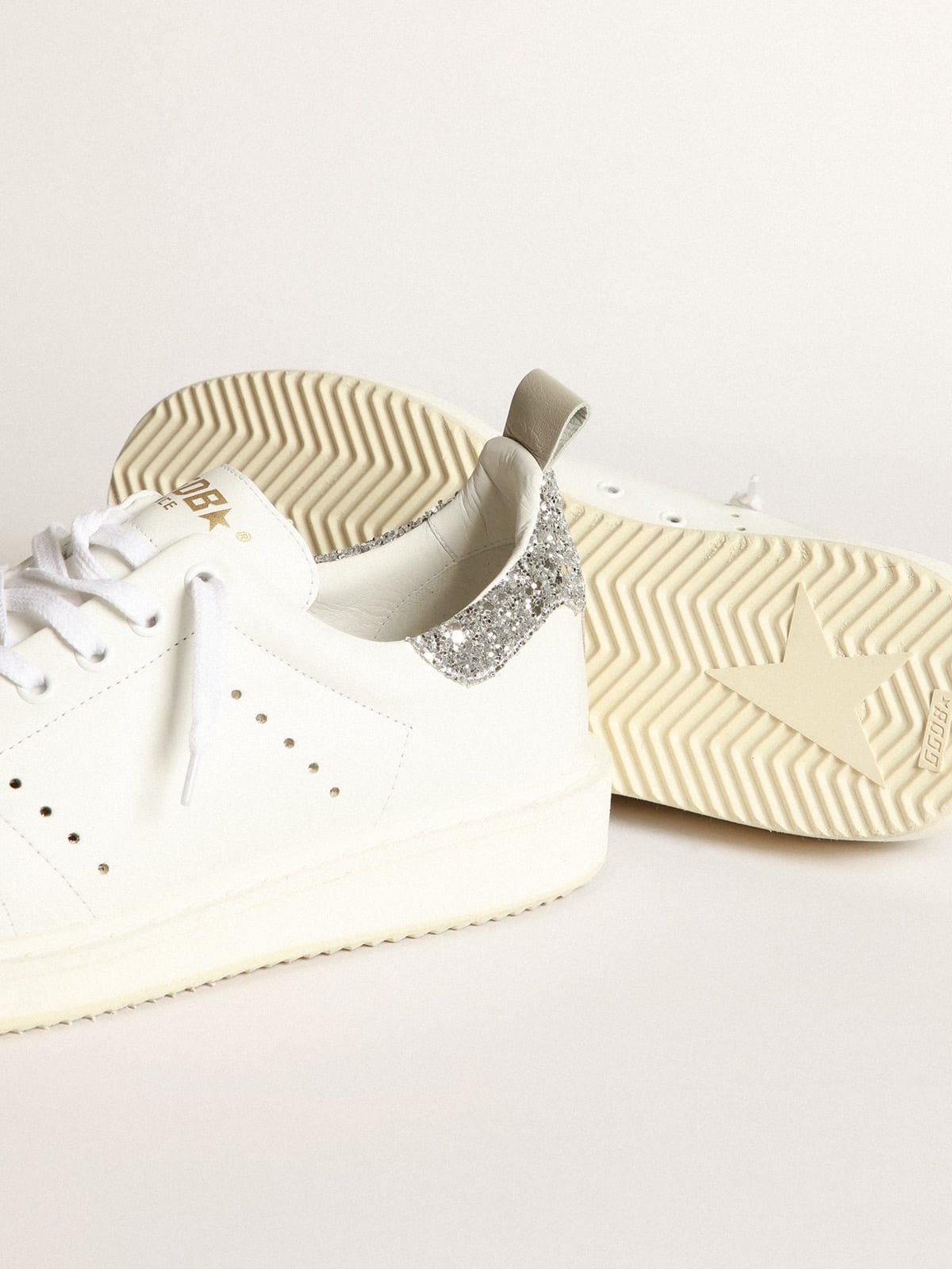 Starter sneakers in white leather with silver glitter heel tab | Golden  Goose