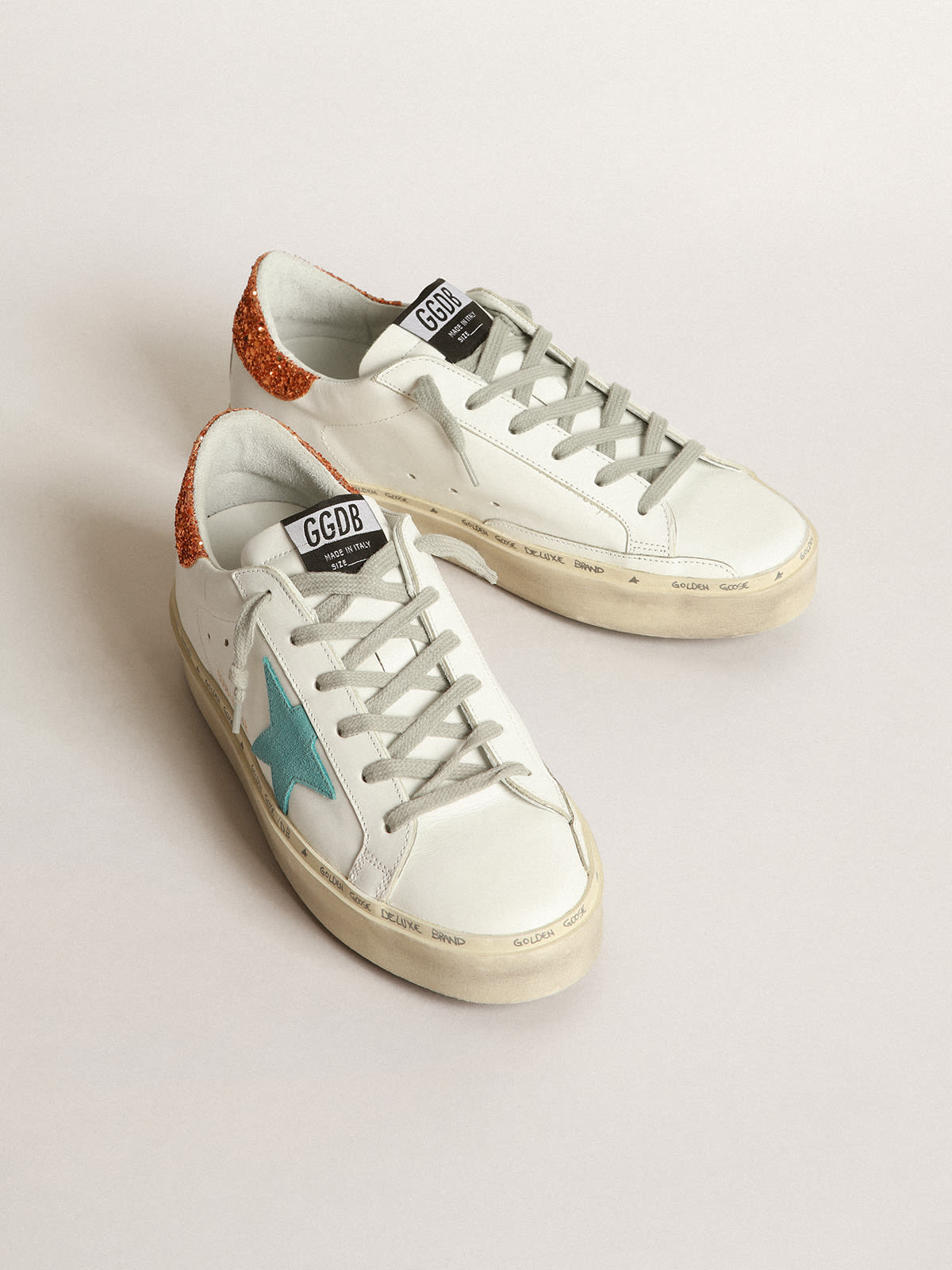 Golden Goose - Hi Star sneakers with sky-blue suede star and peach-pink glitter heel tab in 