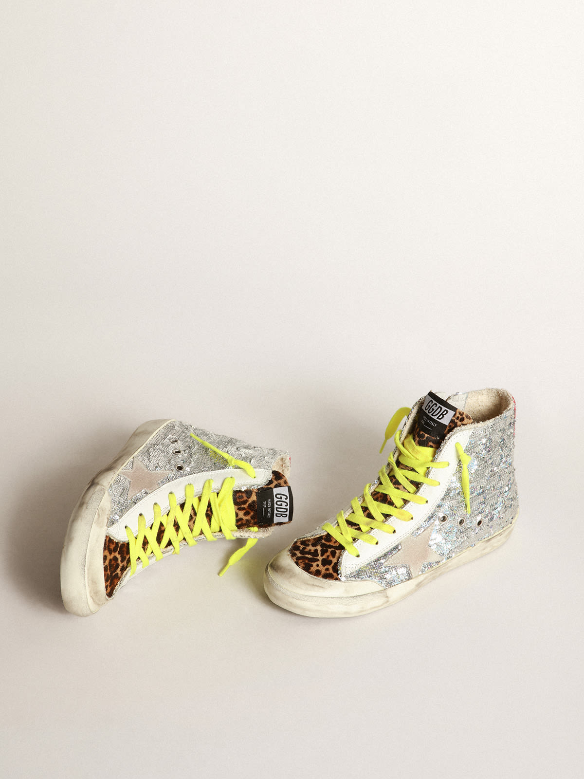 Golden Goose - Sneakers Francy avec paillettes argentées et cuir façon poulain à imprimé léopard in 