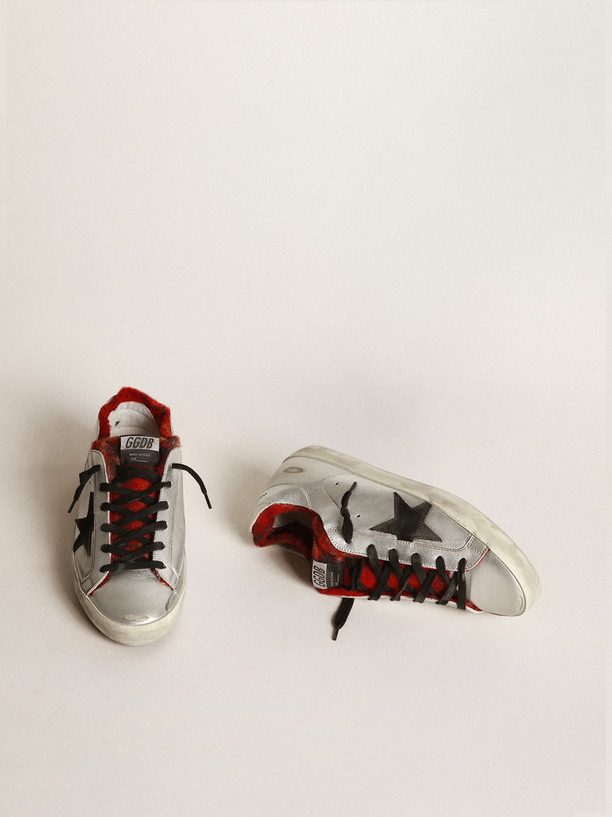 Golden Goose - Silver-laminated Super-Star sneakers with tartan interior in 