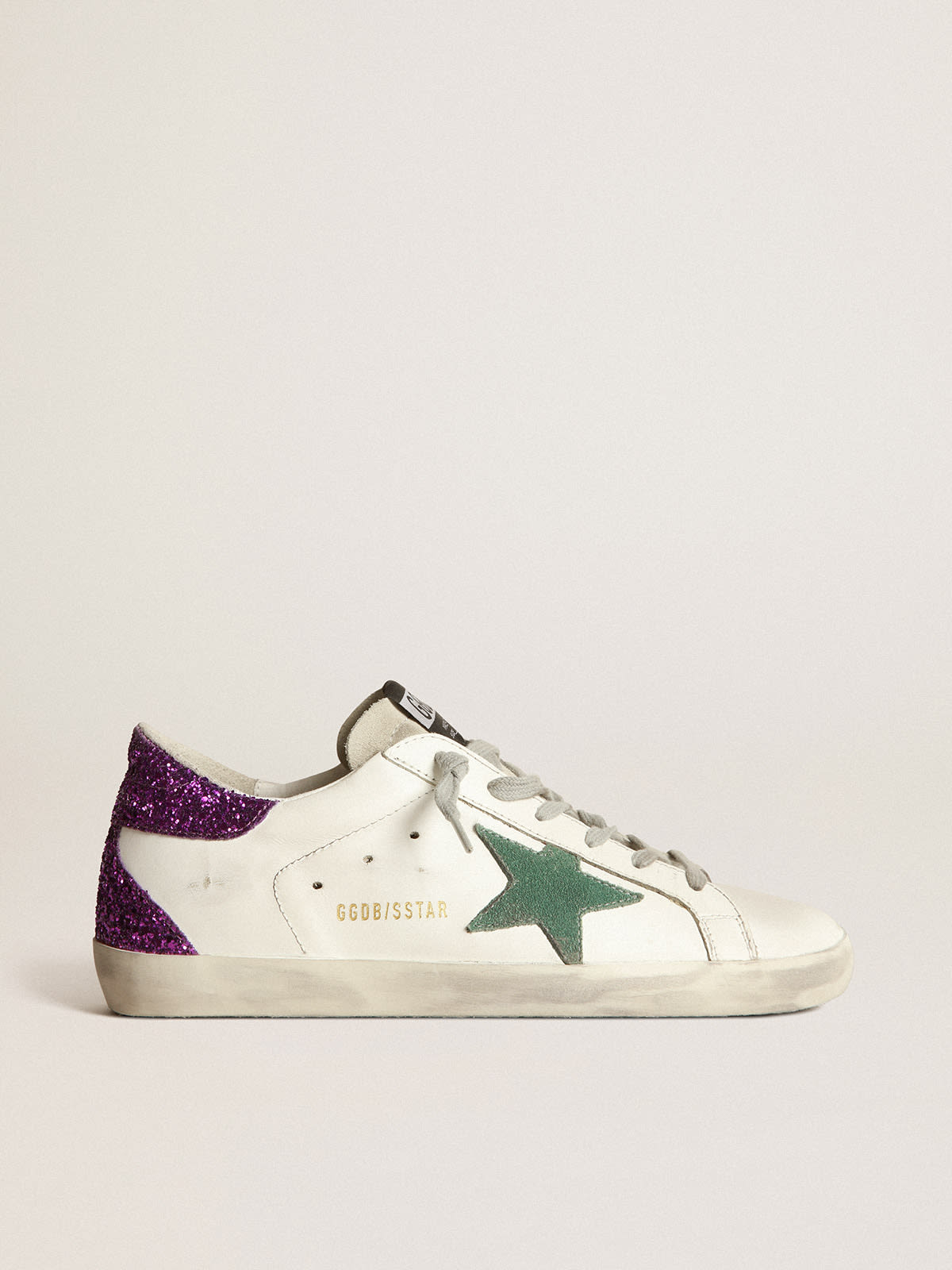 Golden Goose - White Super-Star sneakers with glittery purple rear in 