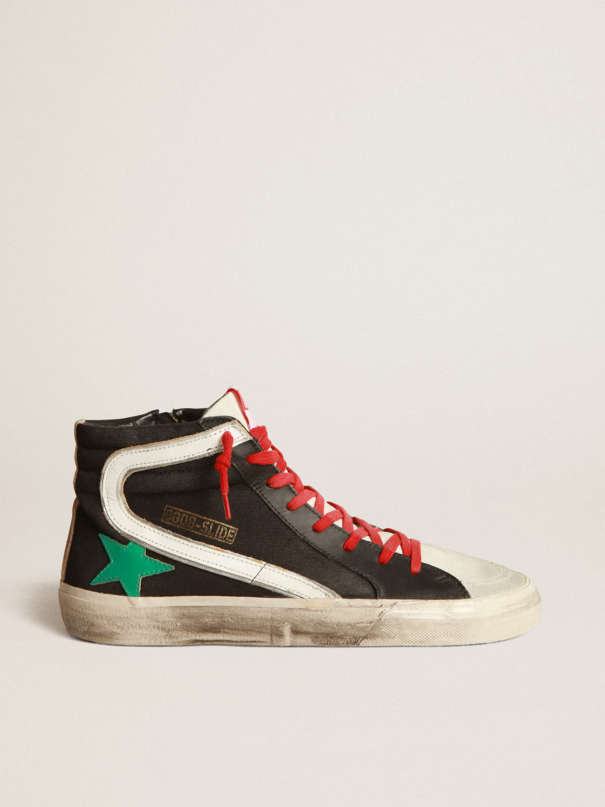 Golden Goose - Sneakers Slide noires en toile avec étoile vert métallisé in 