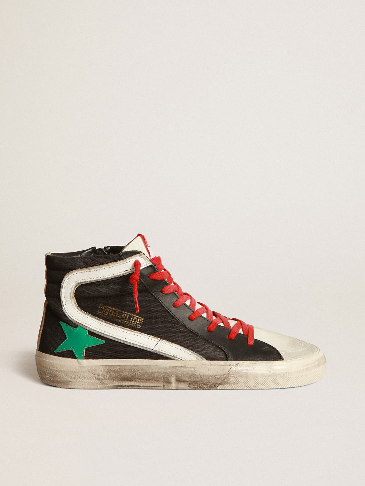 Black Slide sneakers in canvas with metallic green star | Golden Goose