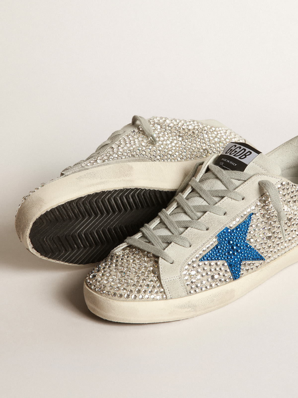 Golden Goose - Super-Star sneakers in gray suede and silver Swarovski crystals with blue suede and blue Swarovski crystal star in 