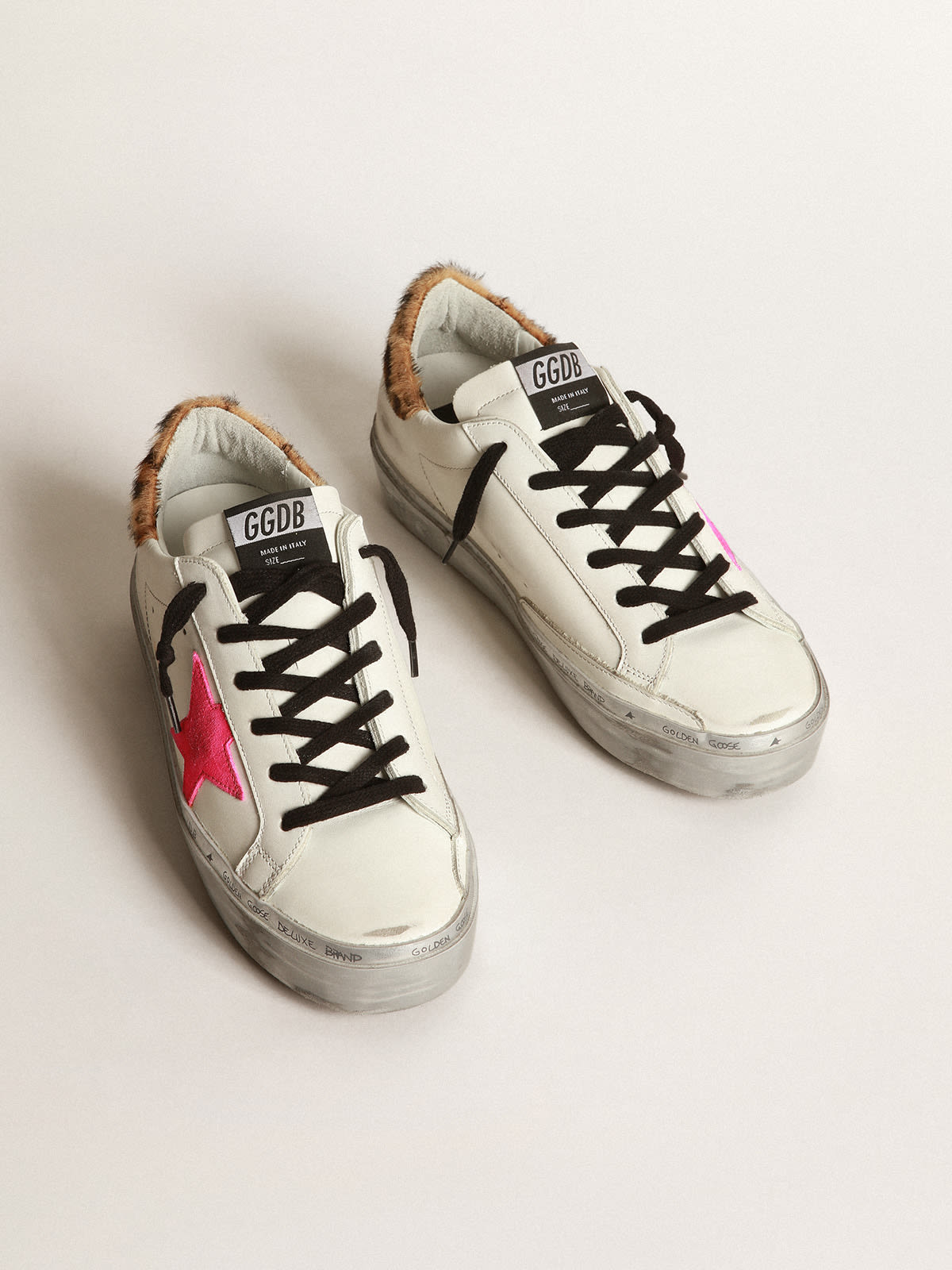 Golden Goose - Hi Star sneakers with fuchsia star and leopard-print heel tab in 