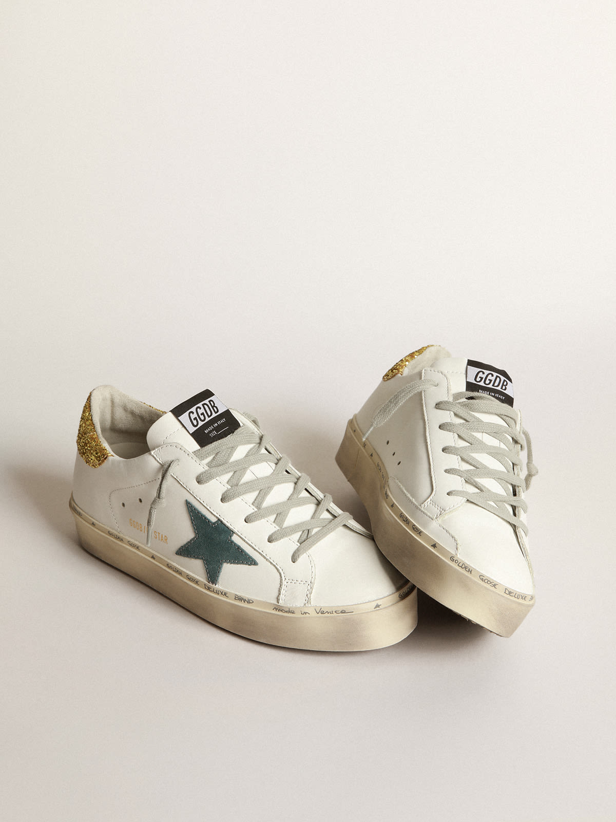 Golden Goose - Hi Star sneakers with petrol-blue suede star and gold glitter heel tab in 