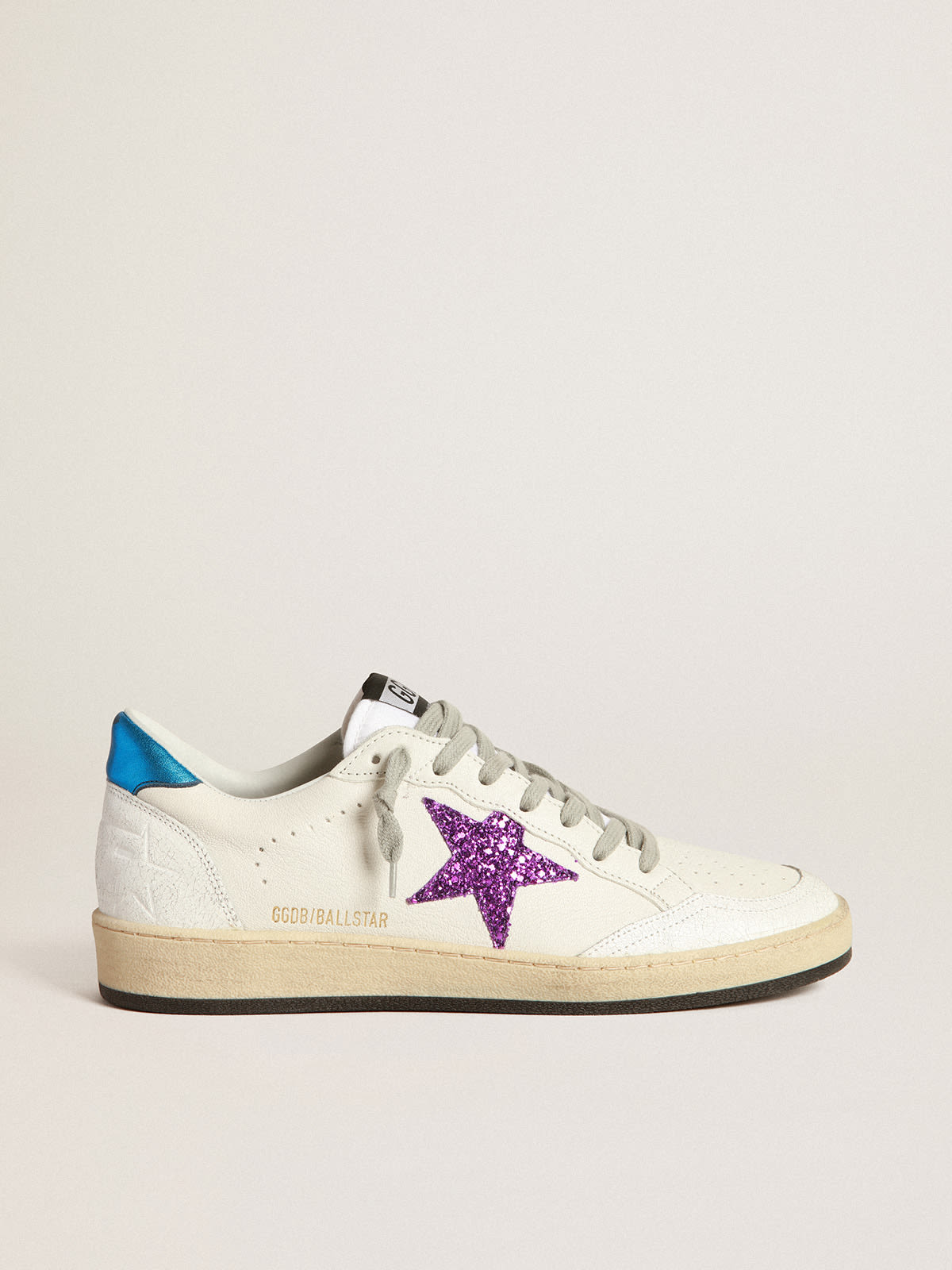 Ball Star sneakers in white leather with purple glitter star | Golden Goose