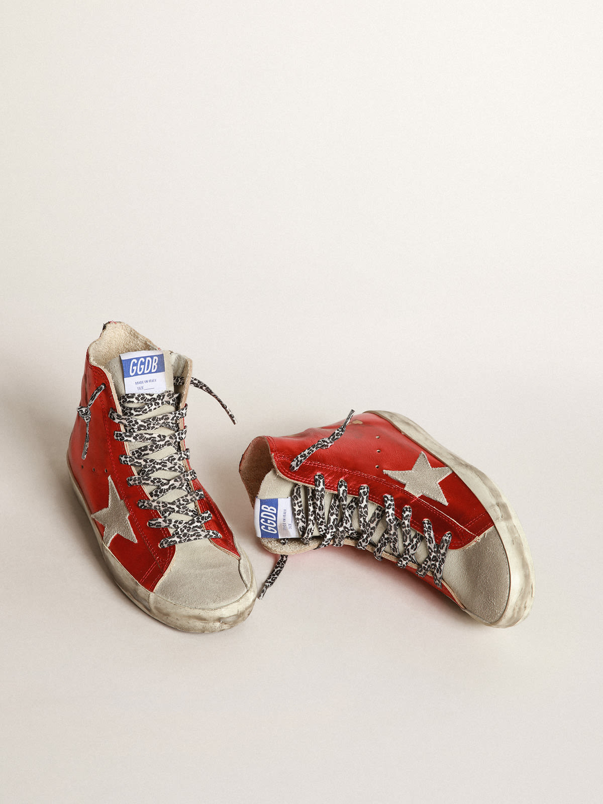 Golden Goose - Francy sneakers in red laminated leather with leopard-print laces in 