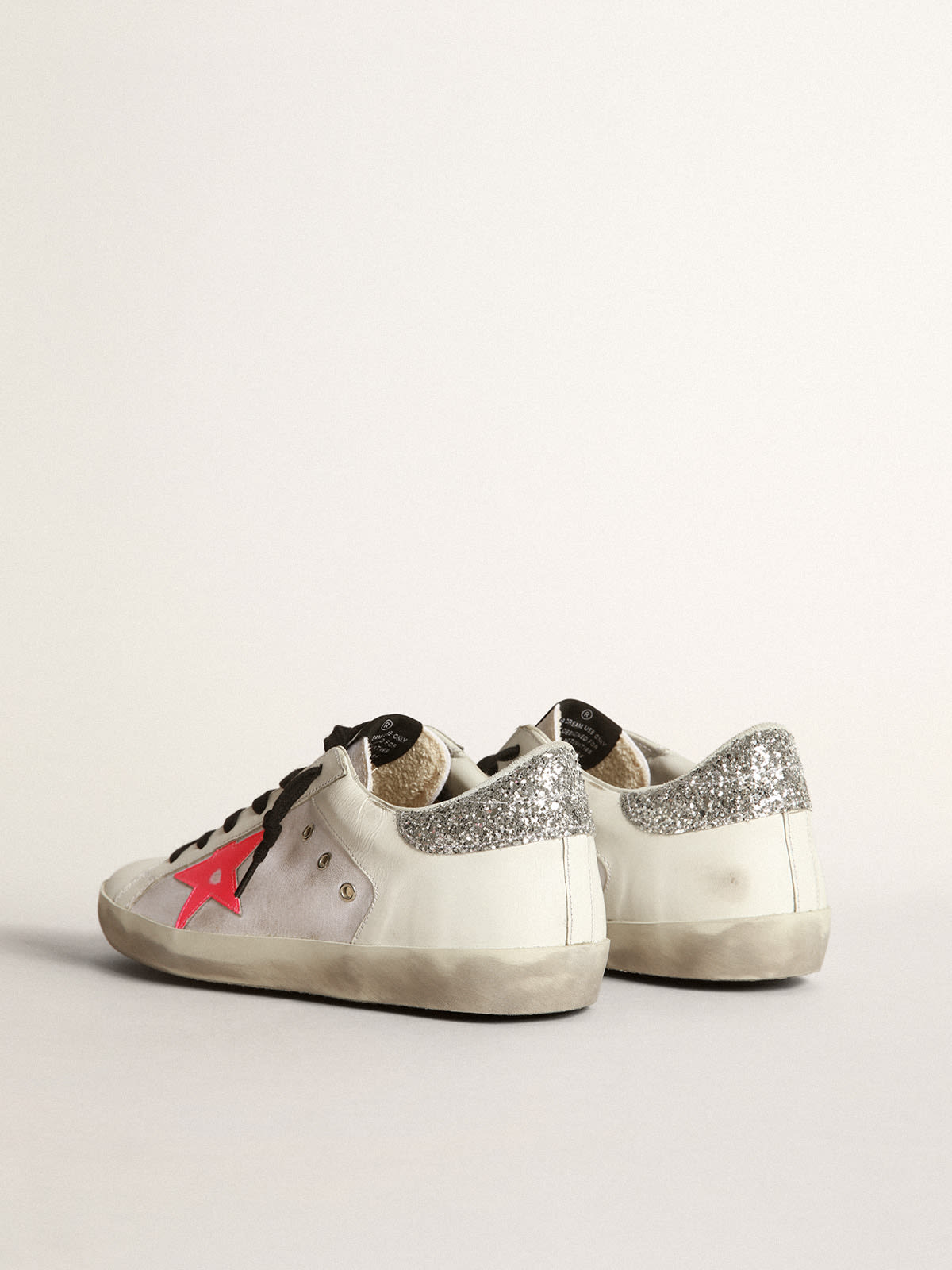 Super-Star sneakers in white leather and canvas with shocking-pink leather  star and silver glitter heel tab | Golden Goose