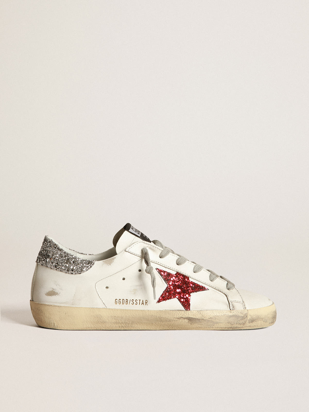 Golden Goose - White Super-Star sneakers in leather with glittery red star in 
