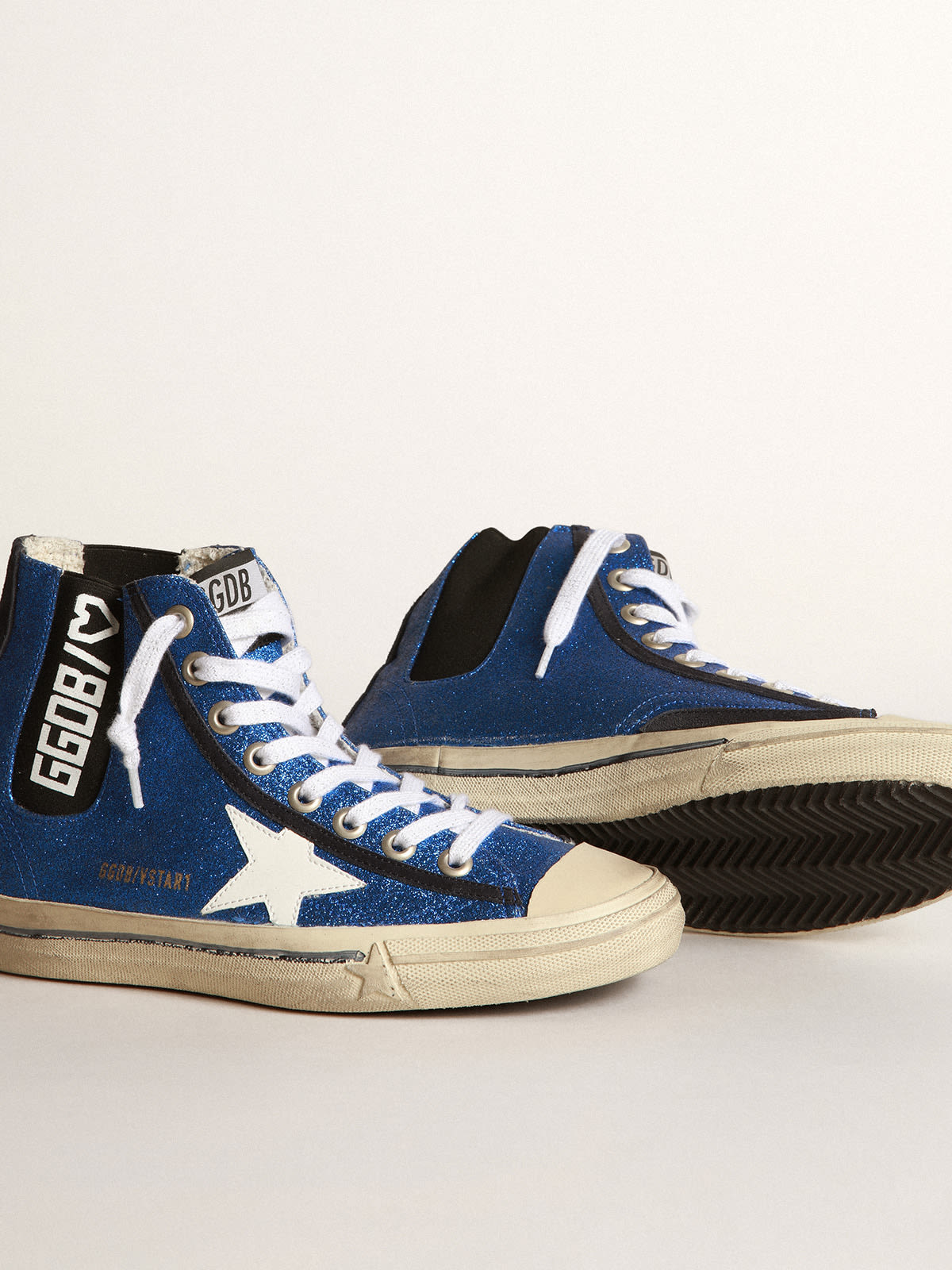 Golden Goose - V-Star sneakers in electric blue micro-glitter with white patent leather star and black elasticated insert in 