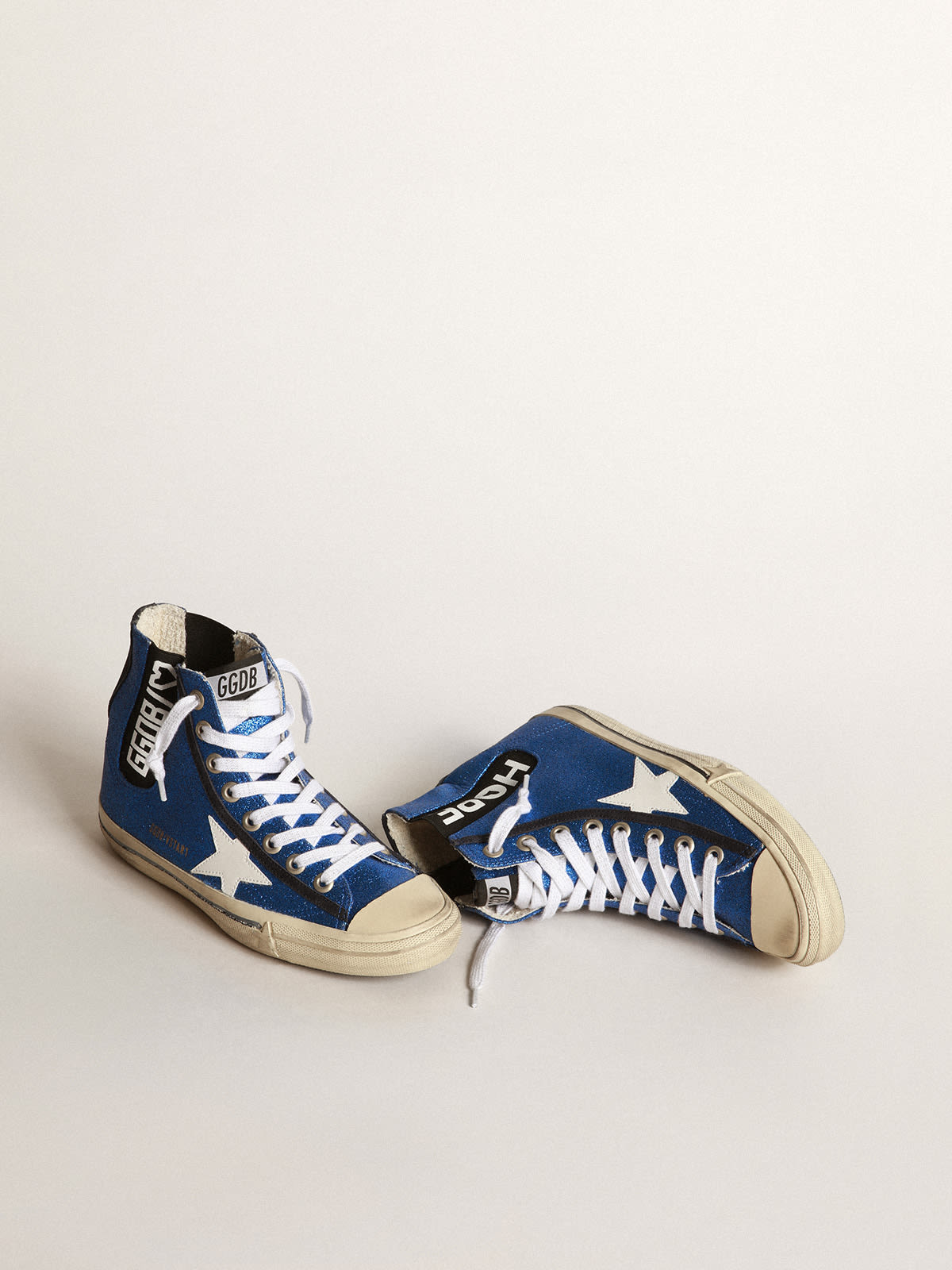 V-Star sneakers in electric blue micro-glitter with white patent leather  star and black elasticated insert | Golden Goose