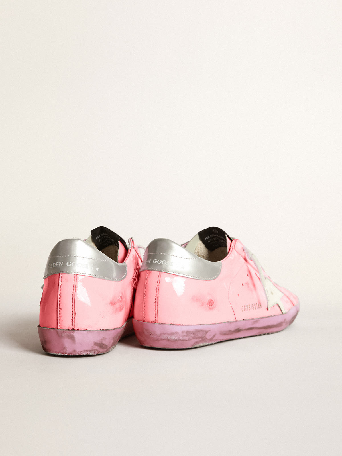 Super-Star sneakers in white leather and canvas with shocking-pink leather  star and silver glitter heel tab