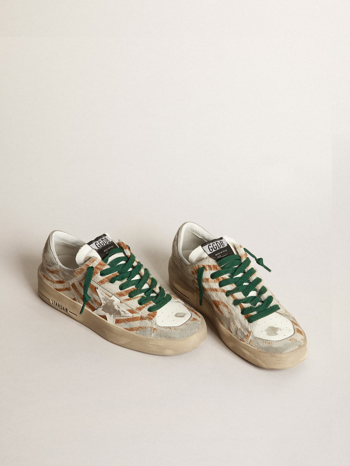 Golden Goose - Stardan LTD sneakers in gray and brown zebra-print pony skin with glossy white leather star and light gray suede heel tab in 