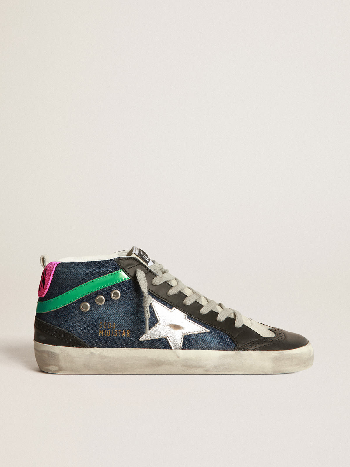 Mid Star sneakers in blue denim with silver laminated leather star and  aqua-green laminated leather flash | Golden Goose