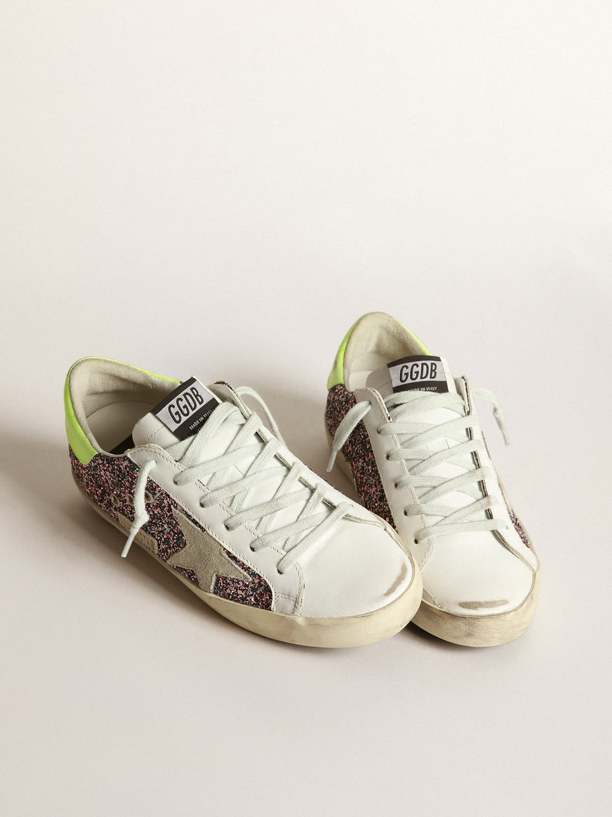 Golden Goose - Super-Star sneakers in gray and pink glitter with ice-gray suede star and fluorescent yellow leather heel tab in 