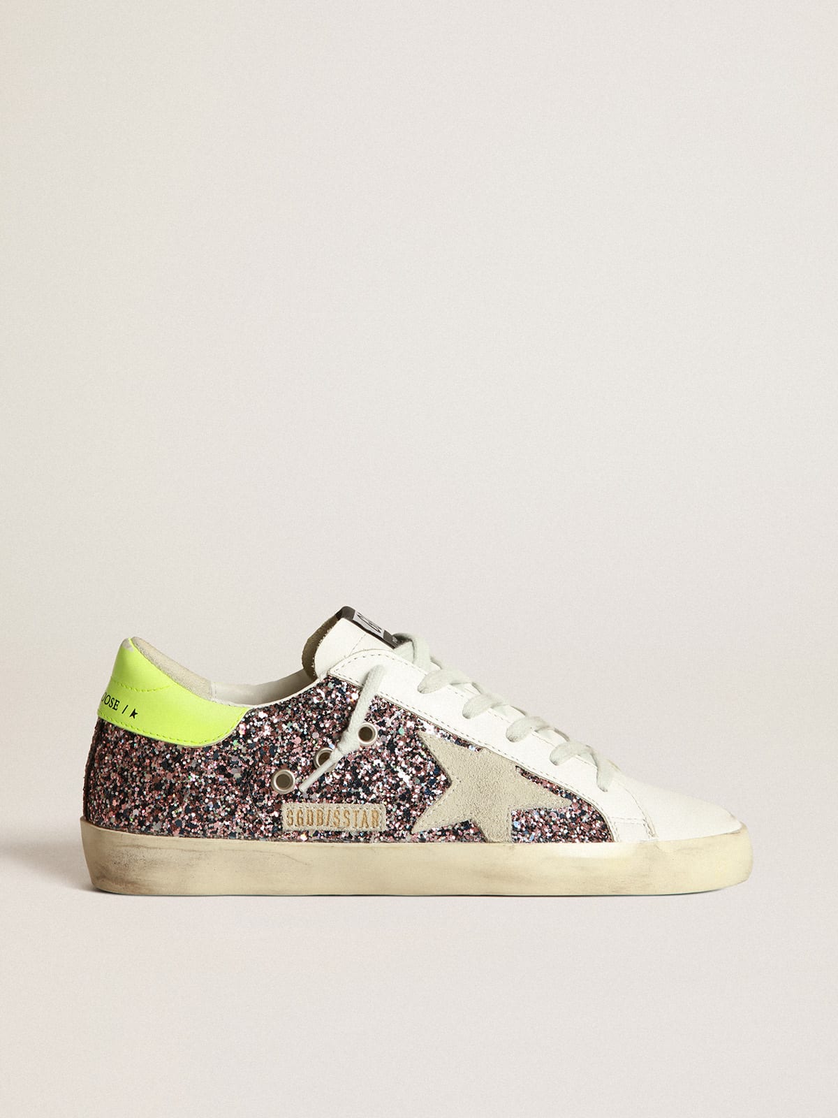 Golden Goose - Super-Star sneakers in gray and pink glitter with ice-gray suede star and fluorescent yellow leather heel tab in 