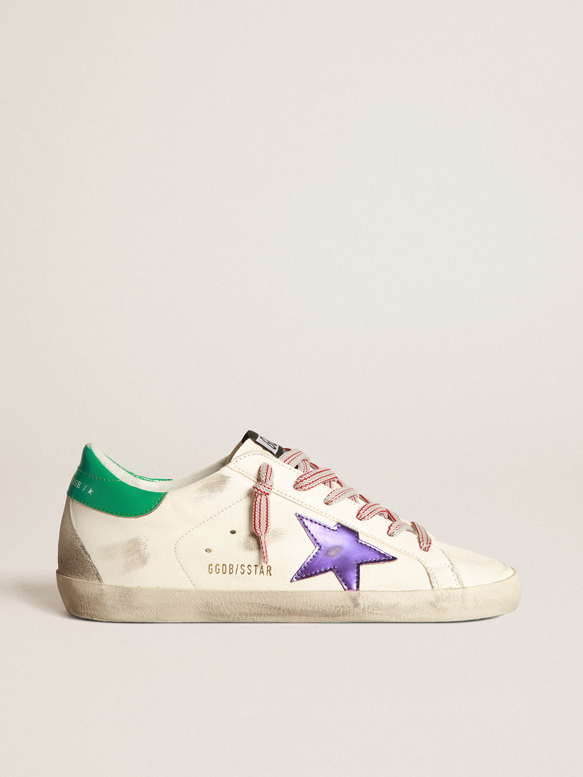 Super-Star sneakers with purple laminated leather star and aqua-green ...
