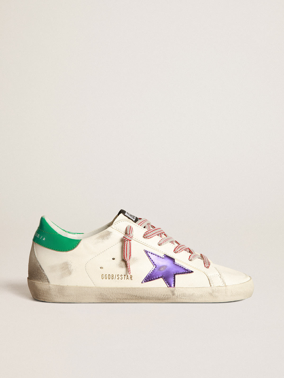 Super Star sneakers with purple laminated leather star and aqua green laminated leather heel tab