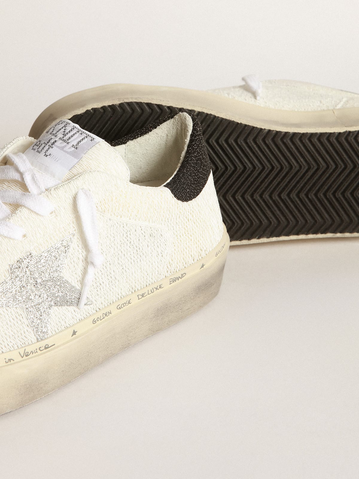 Golden Goose - Hi Star sneakers in white knit with silver knit star and black knit heel tab in 