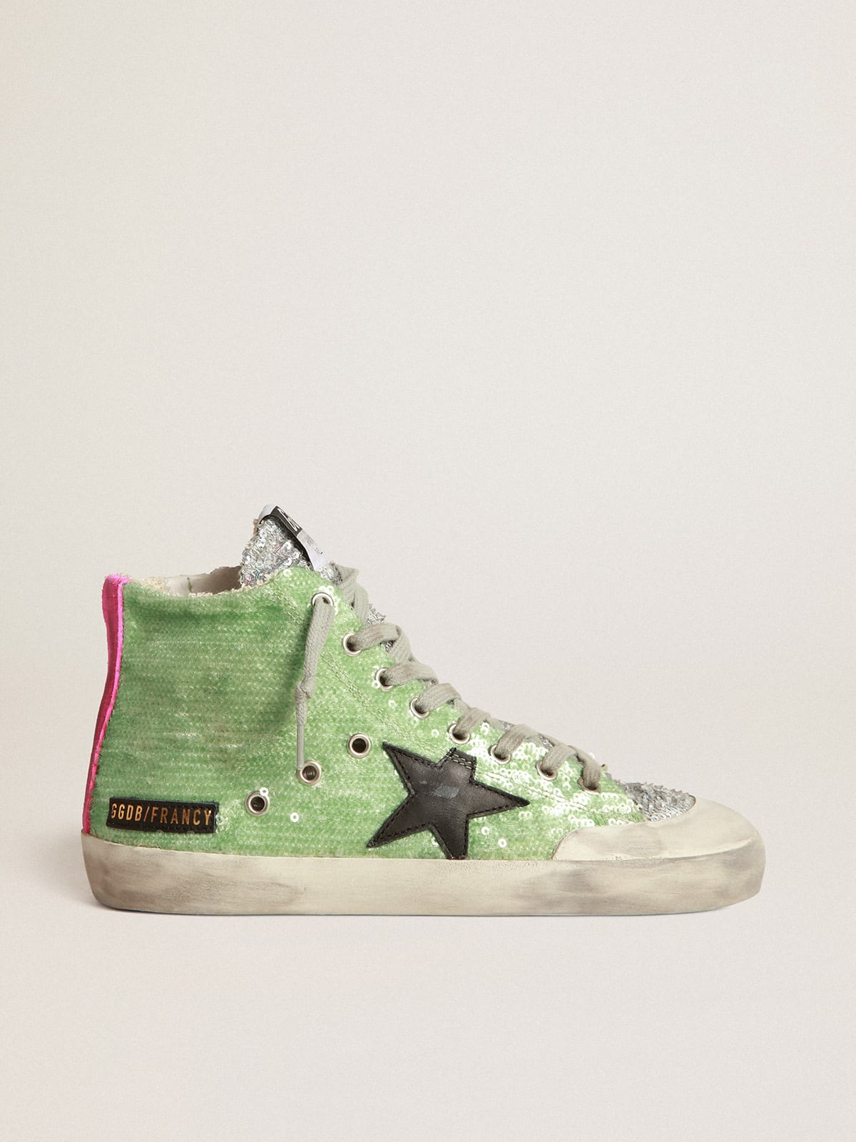 Francy Penstar sneakers in light green sequins with black leather star and  fuchsia suede heel tab