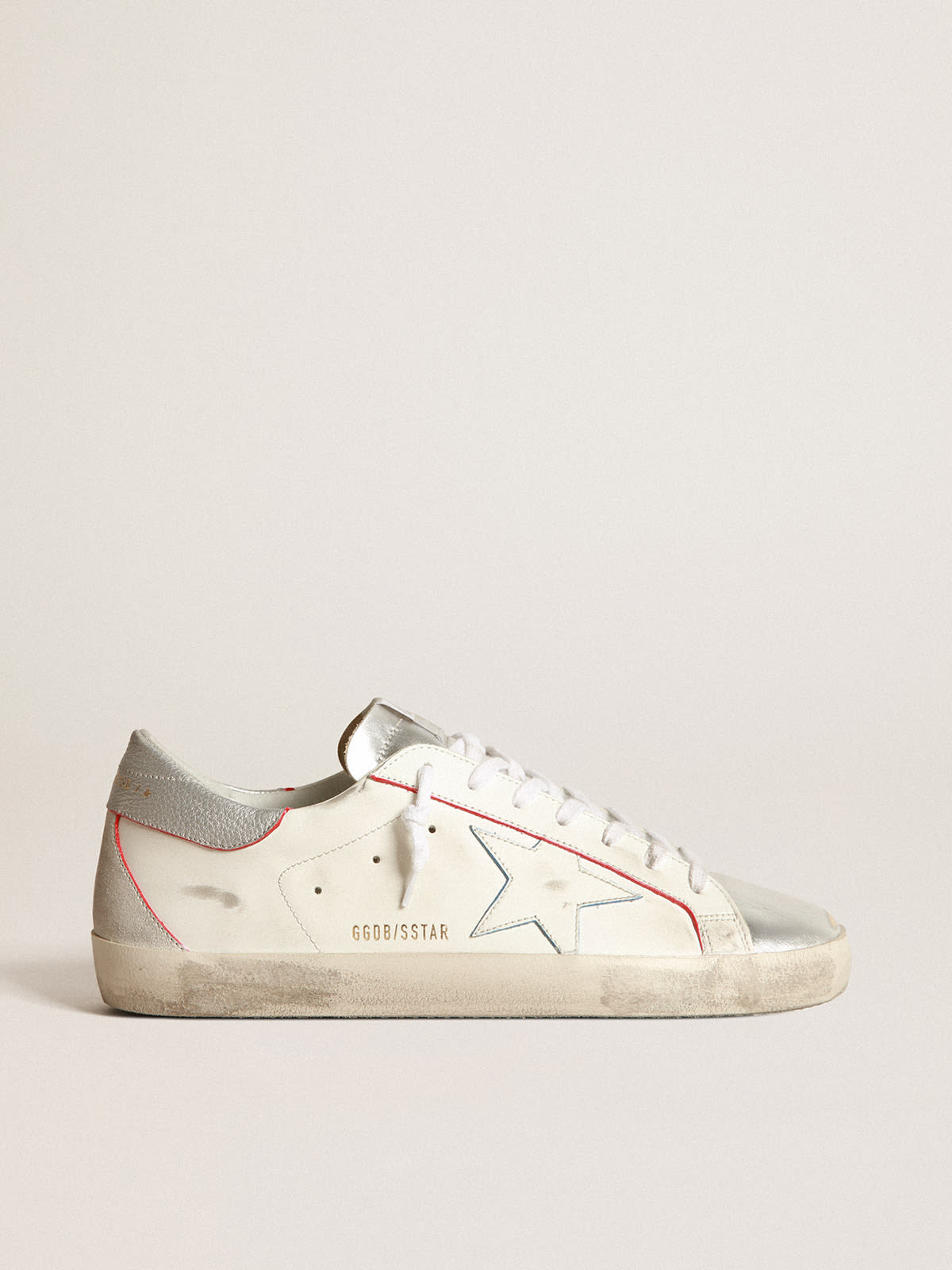 Super Star sneakers with silver laminated leather inserts and red and blue edging